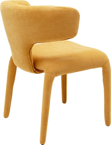 A contemporary armchair with a distinctive curved backrest that flows into integrated armrests. The seat and back are upholstered in a textured, mustard-yellow fabric. It is supported by four tapered legs that extend outwards, also upholstered in the same fabric. The design emphasizes organic curves and a cohesive upholstered form. — 3D model