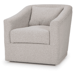 A swivel armchair with a rounded silhouette and a textured upholstery. It features a plush seat cushion, a backrest, and armrests integrated into the body of the chair. A small, square throw pillow is placed on the seat. — 3D model