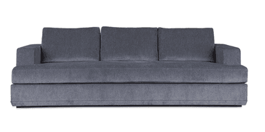 A contemporary upholstered sofa, viewed from the rear-right angle, featuring clean lines and a substantial form. It is covered in a textured slate gray fabric, presenting a modern aesthetic. The design includes thick, squared-off track arms and loose, plush back cushions. The sofa sits on a recessed plinth base, giving it a slightly floating appearance. The overall condition appears new and well-maintained. — 3D model