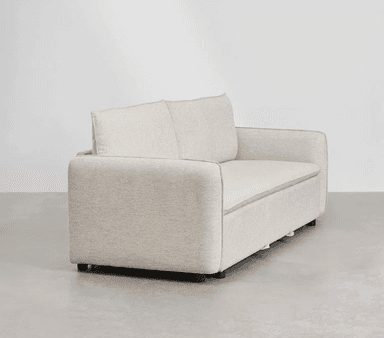 A contemporary three-seater sofa with a neutral-toned upholstered finish. The sofa features two back cushions and a seat cushion, with subtle piping along the edges of the cushions and armrests. The armrests are moderately wide and slightly curved inwards. The base of the sofa is low-profile with visible dark-colored legs. — 3D model