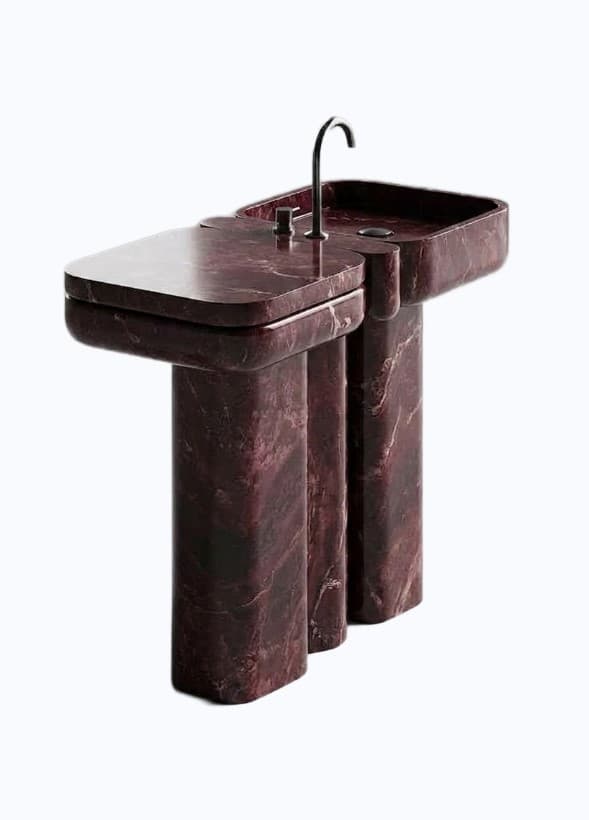 A contemporary bathroom vanity crafted from dark reddish-purple marble, featuring an integrated rectangular basin and an elongated, rounded countertop. The unit is supported by multiple thick, rounded pedestal-style legs and includes a black gooseneck faucet and a matching black drain. — 3D model