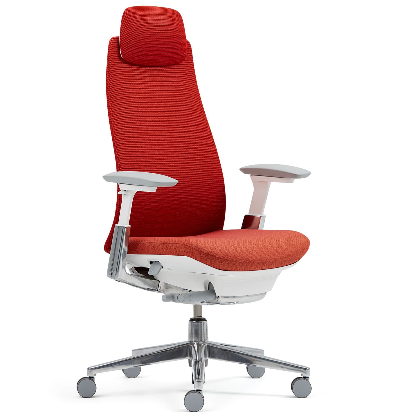 A modern ergonomic office chair featuring a high back and adjustable headrest, upholstered in a vibrant red woven fabric. It has light gray plastic armrests with white supports, a white contoured seat pan, and a five-star base made of polished chrome or silver-painted metal with gray casters. The frame incorporates visible adjustment levers and mechanisms, indicating advanced ergonomic functionality. — 3D model