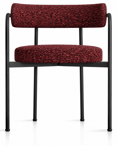 A contemporary armchair featuring a slender black metal frame and rich red textured upholstery. The design incorporates integrated armrests and a distinctive cylindrical backrest, creating a modern and inviting aesthetic. — 3D model