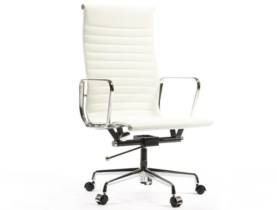 A high-back office chair featuring horizontally ribbed white upholstery on both the seat and backrest. It has sleek, polished chrome armrests that form a continuous loop. The chair is supported by a five-star polished chrome or aluminum base with black casters, indicative of a swivel and adjustable height mechanism. The design is minimalist and modern, often associated with mid-century styles. — 3D model