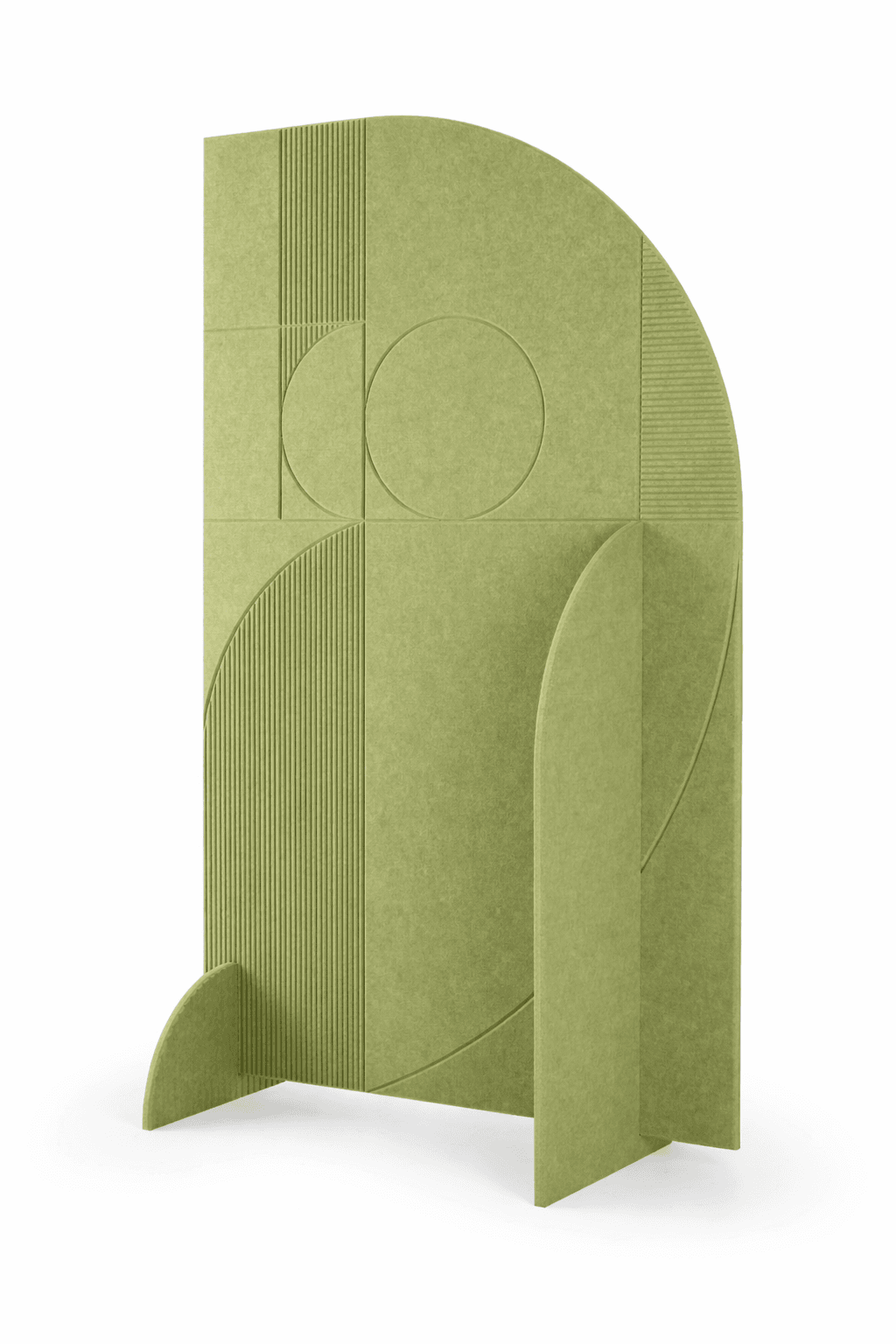 A decorative room divider with a geometric design. It features a combination of vertical fluting, circular inlays, and curved elements. The structure is composed of flat panels that connect to form a free-standing unit. The design incorporates both rectilinear and curvilinear forms, creating a visually dynamic partition. — 3D model