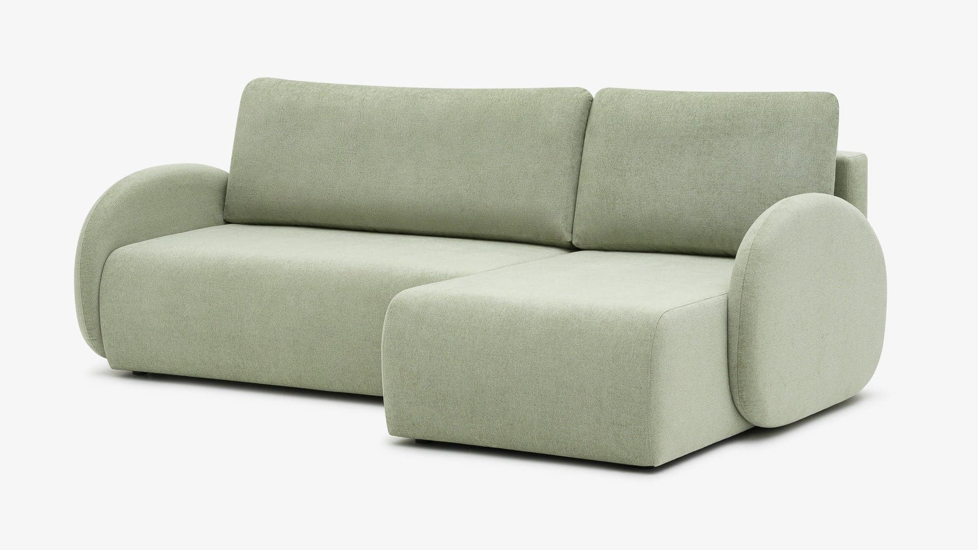 A modern sectional sofa featuring a main sofa unit and an integrated right-hand facing chaise lounge, all upholstered in a textured light green fabric. The design is characterized by rounded, minimalist forms, plump cushions, and thick, curved armrests, creating a soft and inviting aesthetic. — 3D model