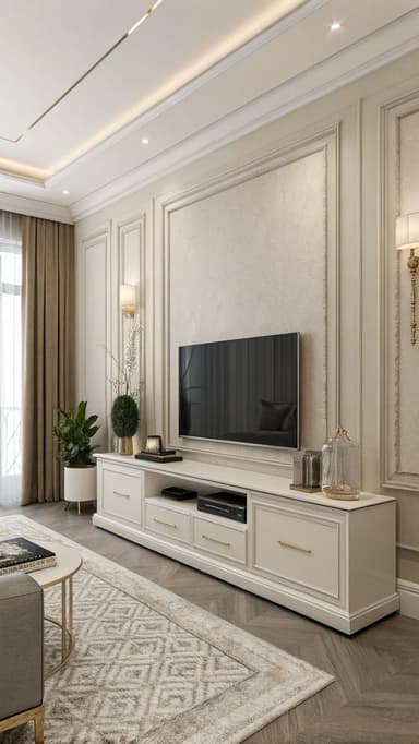 A long, low, off-white media console featuring a transitional design. It is equipped with four storage drawers, two on each end, and a central section with two open shelves. The drawer fronts are paneled, and each drawer is fitted with a slender gold-finished bar pull handle. The console rests on a recessed plinth base, adding to its clean and slightly elevated appearance. The overall finish is a smooth, matte off-white. — 3D model