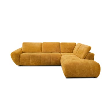 A large, modern L-shaped sectional sofa upholstered in a textured, mustard yellow fabric. It features a low profile with soft, rounded edges, individual seat cushions, and multiple loose back cushions that give it a plush appearance. One end of the sofa extends into a chaise lounge, designed for contemporary living spaces. — 3D model