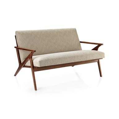 A two-seater loveseat with a visible dark wood frame and light-colored fabric upholstery. The design features clean lines, open armrests, and tapered legs, indicative of a Mid-Century Modern aesthetic. — 3D model