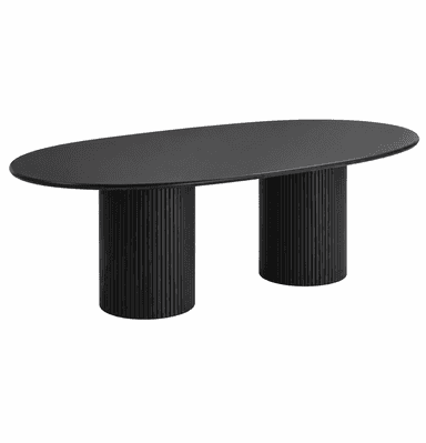A sleek, modern oval table featuring a matte black finish. The tabletop is elongated and rests upon two substantial cylindrical pedestal bases, each characterized by precise vertical fluting detail. The overall design emphasizes a minimalist yet textured aesthetic. — 3D model