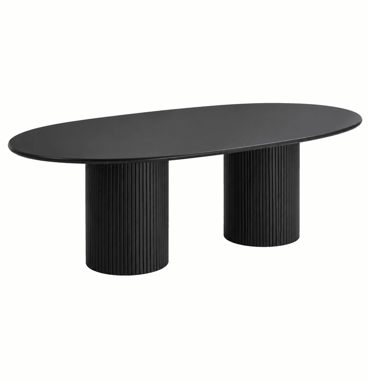 A sleek, modern oval table featuring a matte black finish. The tabletop is elongated and rests upon two substantial cylindrical pedestal bases, each characterized by precise vertical fluting detail. The overall design emphasizes a minimalist yet textured aesthetic. — 3D model