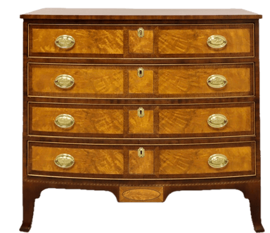 A traditional Georgian-style chest of drawers featuring a serpentine front. It has four graduated drawers, each adorned with ornate brass bail handles and keyholes. The drawer fronts showcase striking burl wood veneer panels framed by darker wood banding, possibly marquetry. The top surface is a solid, dark wood, likely mahogany. The cabinet stands on short, splayed bracket feet. — 3D model