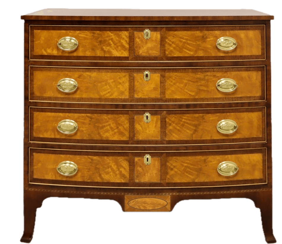 A traditional Georgian-style chest of drawers featuring a serpentine front. It has four graduated drawers, each adorned with ornate brass bail handles and keyholes. The drawer fronts showcase striking burl wood veneer panels framed by darker wood banding, possibly marquetry. The top surface is a solid, dark wood, likely mahogany. The cabinet stands on short, splayed bracket feet. — 3D model