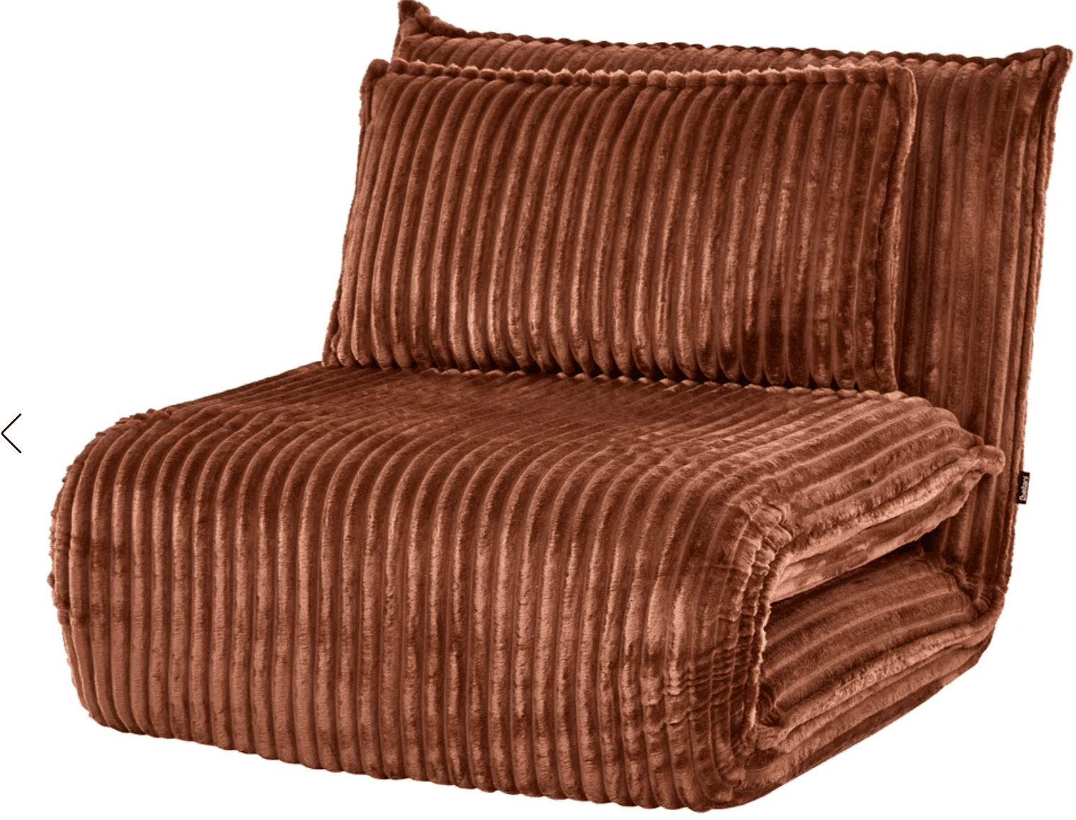 A single-seater armchair with a plush, corduroy-like fabric covering. The armchair features a low profile and a design that appears to be foldable or modular, with distinct sections for the seat, backrest, and a separate cushion. The corduroy texture is characterized by vertical ribs, contributing to a soft and inviting aesthetic. — 3D model