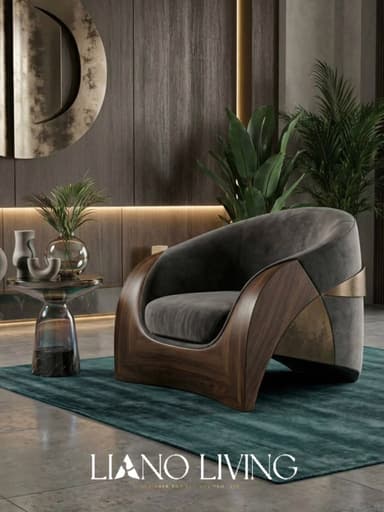 A contemporary barrel lounge chair featuring a distinctive curved wooden and metallic frame with dark grey velvet upholstery. The chair's back and armrests form a continuous, enveloping curve, creating a cozy and luxurious seating experience. The exterior frame showcases rich dark wood with prominent grain, accented by geometric metallic details in a bronze finish. — 3D model