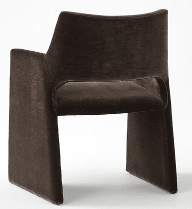 A dark brown fully upholstered armchair featuring a modern, monolithic design. The chair has a wide, slightly curved backrest, integrated armrests, and a sturdy, block-like base, all seamlessly covered in a plush, velvet-like fabric. — 3D model