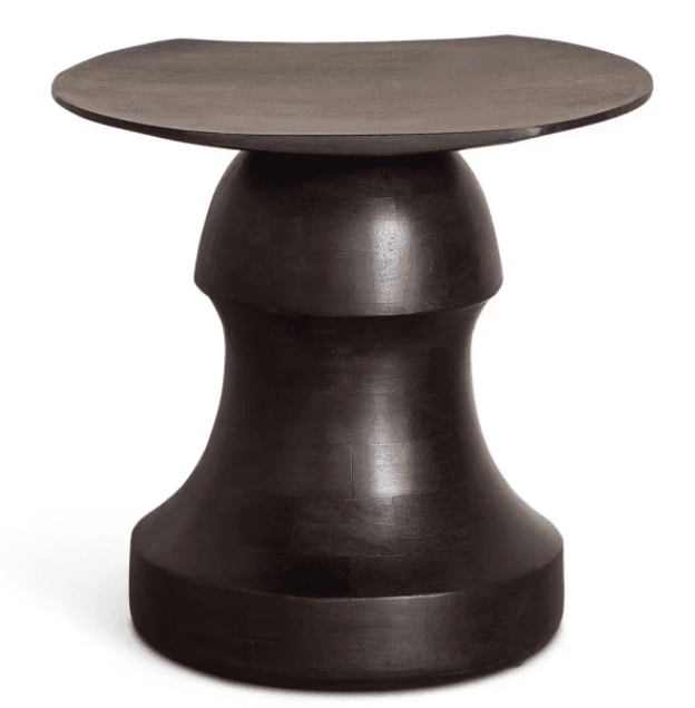 A dark wooden stool with a curved, slightly concave top. The base is bulbous, tapering outwards towards the bottom and inwards towards the top, creating an hourglass-like silhouette. The wood appears to be dark-stained or naturally dark, with visible grain patterns suggesting it is solid wood. The construction seems to be monolithic or joined in segments that are seamlessly integrated. — 3D model
