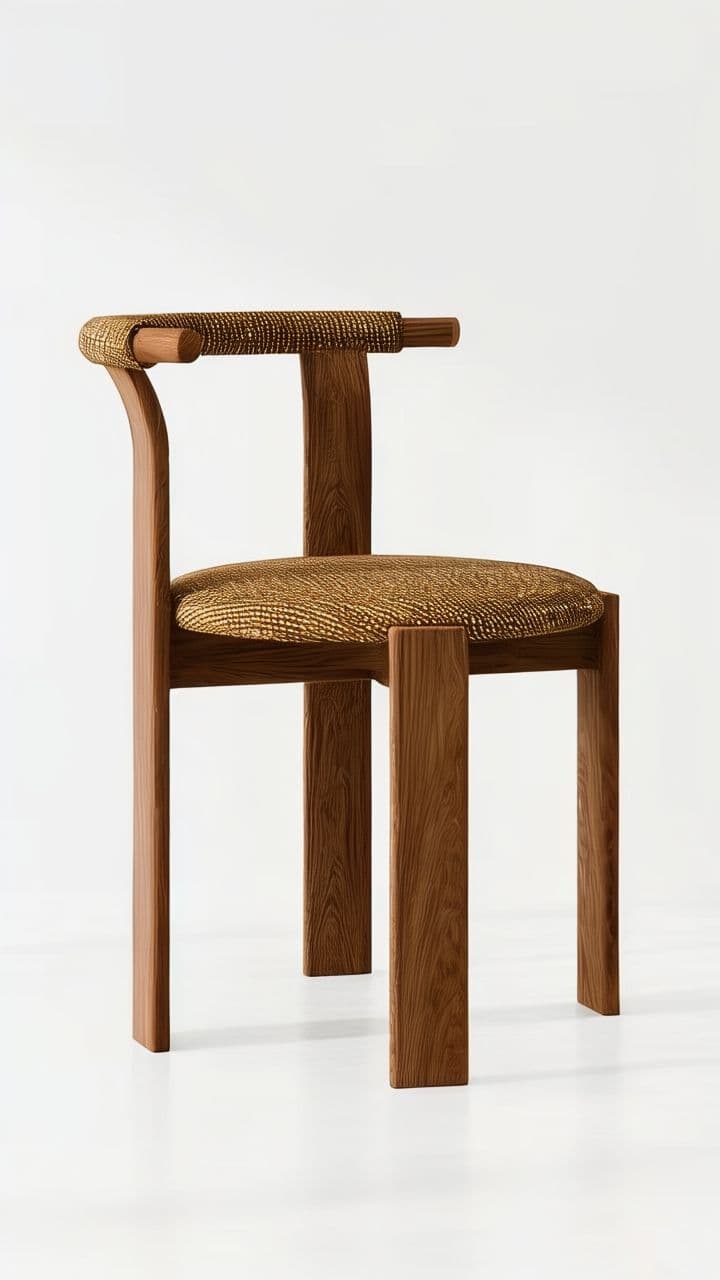 A modern armchair constructed from a solid medium-toned wood frame with a woven rattan seat and a distinctive rounded backrest that integrates into short armrests. The weaving on both the seat and the backrest top features a textured, natural finish. — 3D model