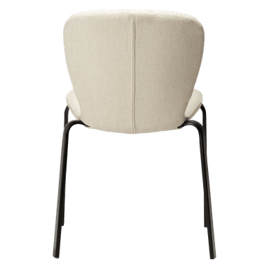 A modern chair with a molded seat and backrest upholstered in a textured, light-colored fabric. The base consists of four slender, dark-colored legs with a minimalist design. — 3D model