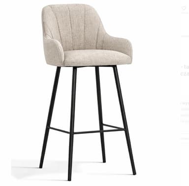 An upholstered bar stool featuring a comfortable seat with integrated armrests and a high backrest, supported by slender black metal legs. — 3D model