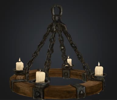 A rustic chandelier designed to resemble a medieval or gothic style. It features a circular wooden base with metal bindings and candle holders. Heavy, dark metal chains suspend the wooden ring from a central loop. The design incorporates several candle holders, each holding a single artificial or real candle. — 3D model