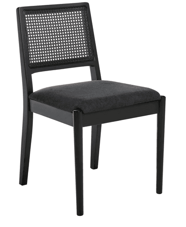 A black side chair with a cane-woven backrest and a upholstered seat. The chair features a rectangular cane back panel set within a black wooden frame. The seat is upholstered in a dark grey fabric. The frame and legs are constructed from black wood, with tapered legs. — 3D model