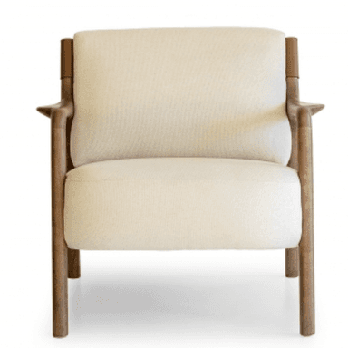 A modern upholstered lounge chair viewed from the back. It features a light-colored fabric on the seat and back cushions, supported by a dark wooden frame. A broad, saddle-brown leather or faux leather strap forms the outer backrest, wrapping around the wooden uprights and secured with visible stitching. The chair appears to be well-constructed with clean lines. — 3D model