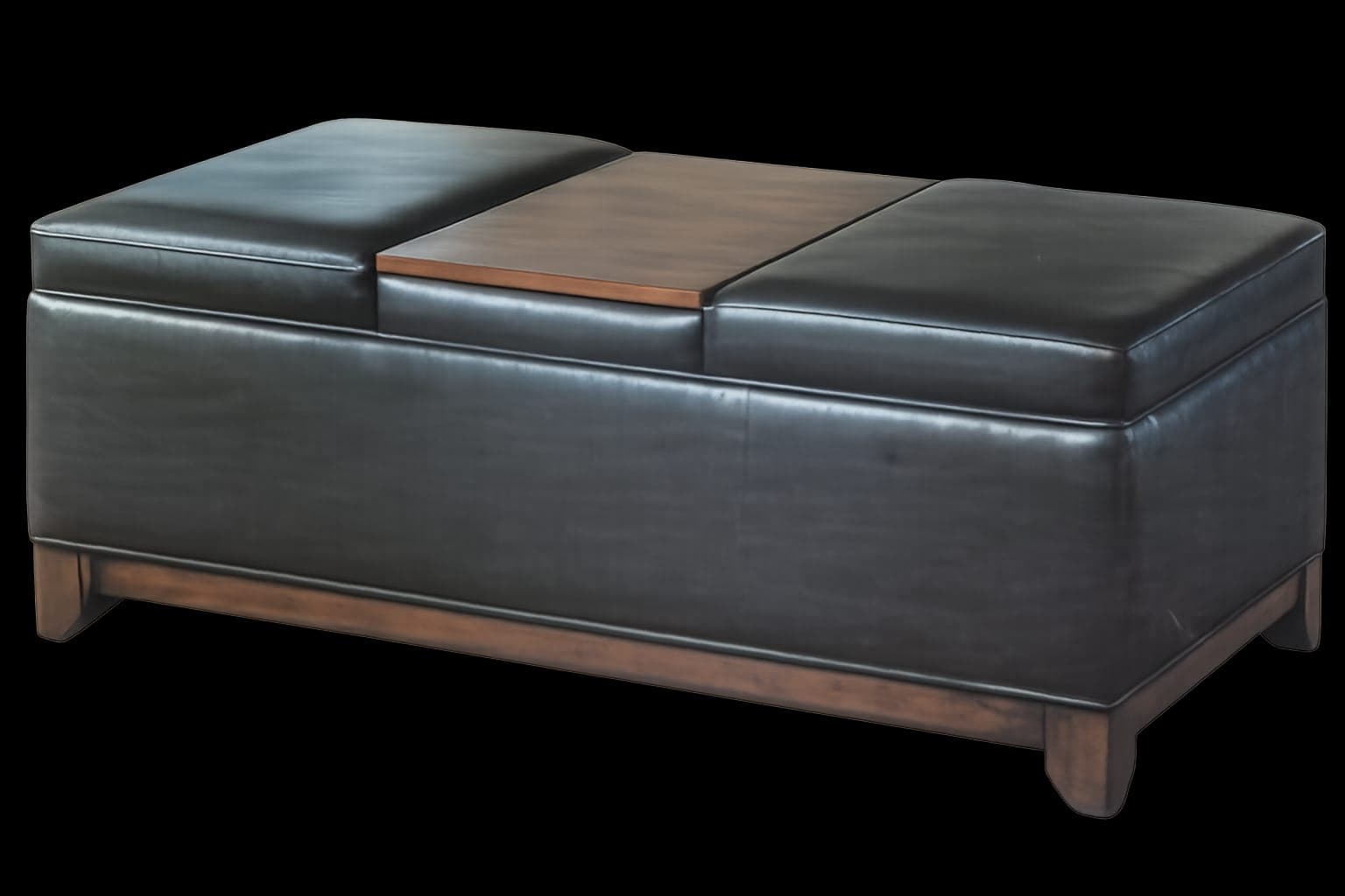 A rectangular storage ottoman upholstered in black leather, featuring a central section with a dark wood surface that appears to be an integrated or removable tray. The base is constructed from dark wood, providing support with short, slightly tapered legs. — 3D model