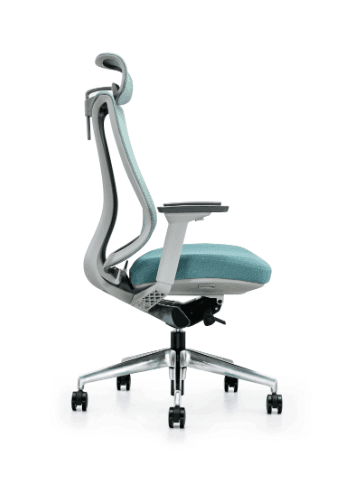 A modern ergonomic office chair with a high back, integrated headrest, and padded seat. It features adjustable armrests, a wheeled base for mobility, and a tilt mechanism. The seat and backrest are upholstered in a textured mesh fabric, and the seat cushion is made of a denser upholstered material. — 3D model