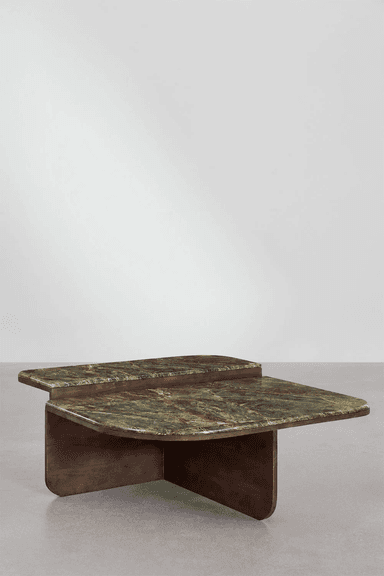A two-tiered coffee table featuring rounded rectangular tops made of green marble with distinct reddish-brown and darker green veining. The base is constructed from dark, possibly stained wood or plywood, forming intersecting planes that support the two marble surfaces at staggered heights. The design exhibits a clean, sculptural aesthetic with smooth, curved edges throughout, presenting a substantial yet refined appearance. — 3D model