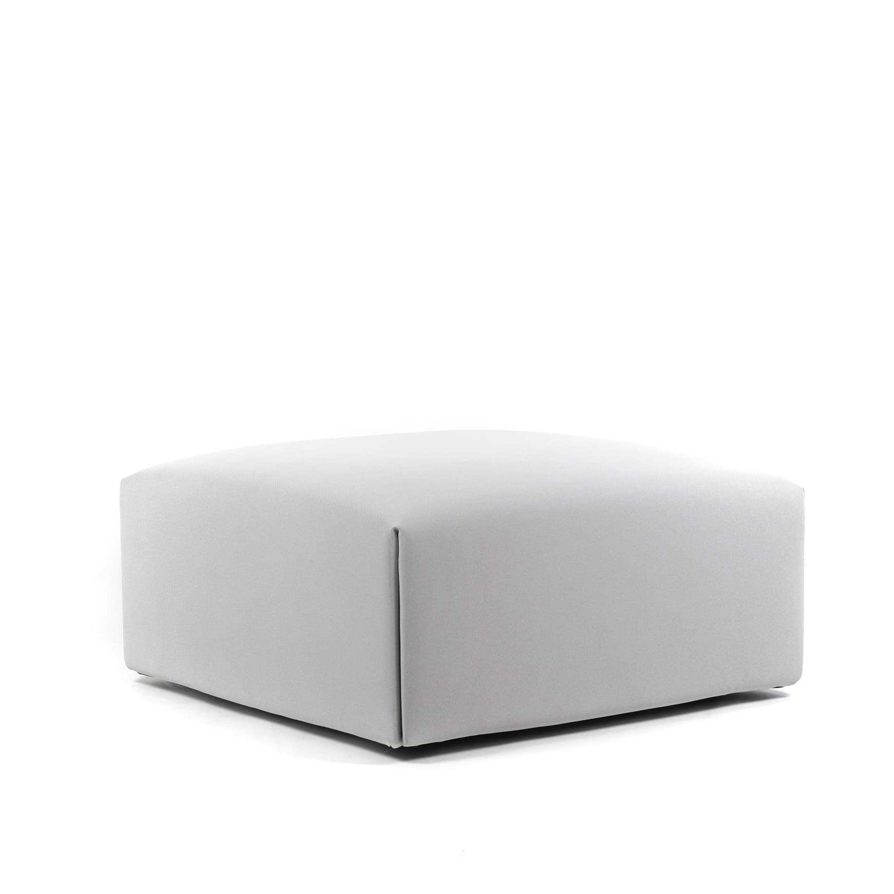 A minimalist light gray square ottoman, fully upholstered with a subtly textured fabric, featuring clean lines and visible seam detailing along its edges, designed to rest directly on the floor. — 3D model
