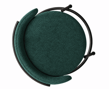 A modern bar stool seen from a top-down perspective, featuring a circular dark green upholstered seat and a distinctive semi-circular padded backrest, supported by a minimalist black metal frame. — 3D model