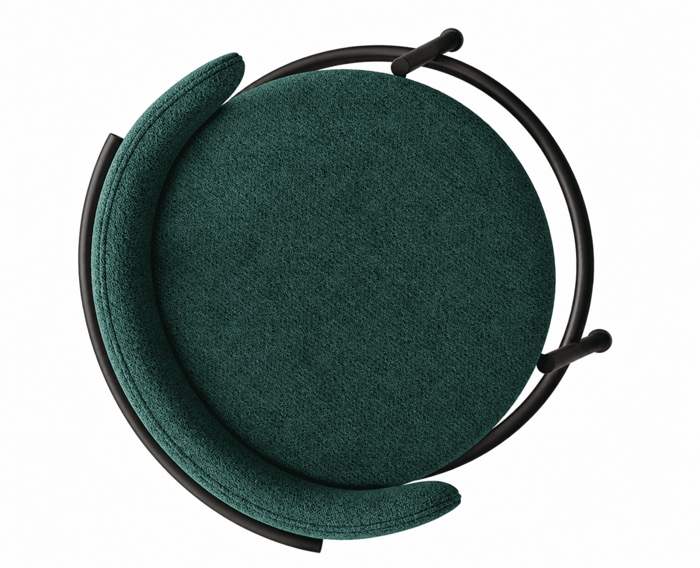 A modern bar stool seen from a top-down perspective, featuring a circular dark green upholstered seat and a distinctive semi-circular padded backrest, supported by a minimalist black metal frame. — 3D model