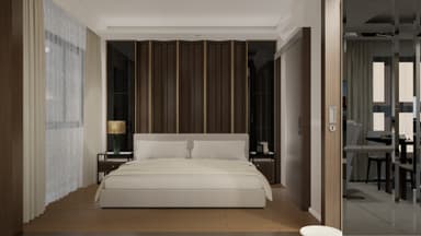 A multi-panel room divider featuring dark wood frames and alternating dark textured panels, connected by hinges and accented with metallic trim. — 3D model