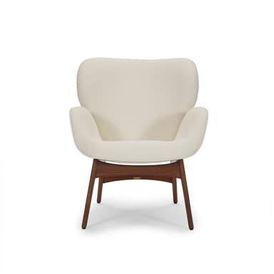 A modern organic lounge chair featuring a cream-colored upholstered shell with gentle curves and integrated armrests, supported by a dark walnut wooden base with four splayed legs. — 3D model