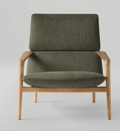 A modern lounge chair featuring a light-toned wooden frame and dark olive green fabric upholstery. The design emphasizes clean lines and comfort. — 3D model