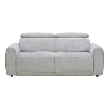 A contemporary sofa upholstered in a light gray fabric, featuring a sleek, minimalist design. The back cushions appear to have an integrated adjustable headrest mechanism, visible as a distinct, plush roll above the main backrest. The exterior sides of the armrests exhibit subtle vertical channel tufting, adding a touch of tailored detail. The sofa rests on low-profile, dark circular feet, suggesting a sturdy, modern construction. — 3D model