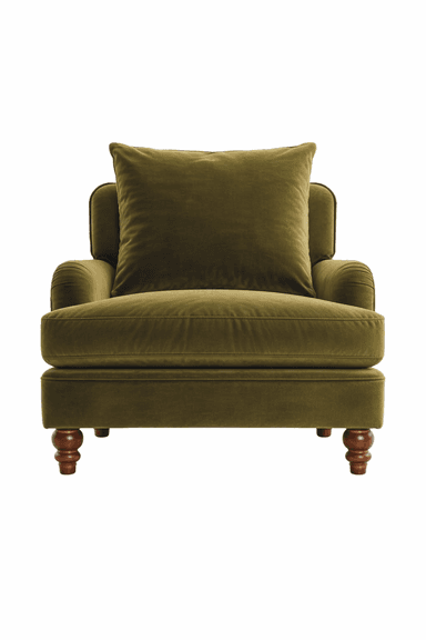A comfortable armchair upholstered in a textured, olive-green velvet fabric. The armchair features a high back with a loose cushion, padded armrests with a rolled profile, and a skirted base with visible wooden legs. The front-left leg is turned and has a decorative spool shape, while the rear-right leg is a simple, angled wooden support. — 3D model