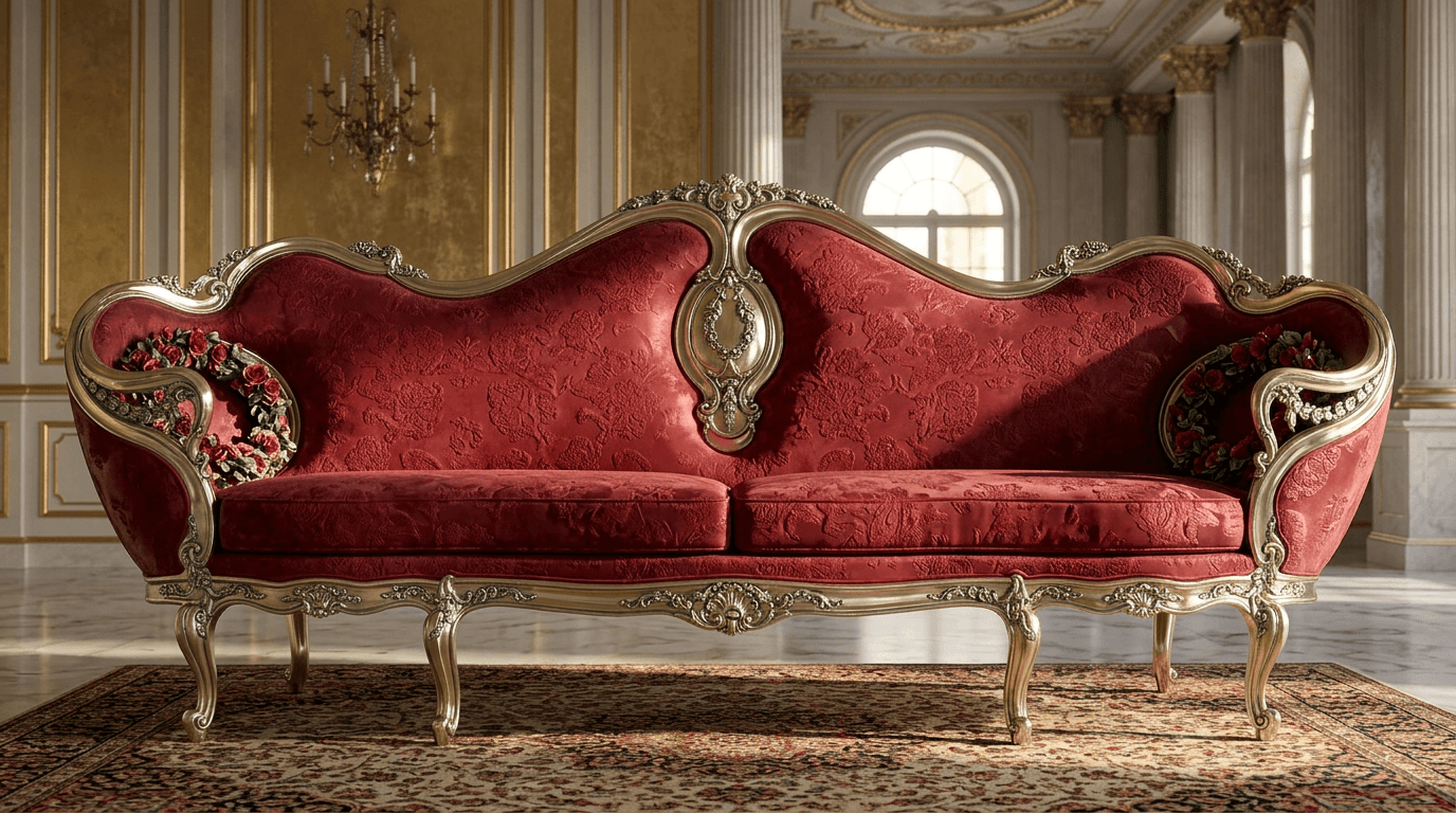 A vintage-style sofa with a red upholstered seat and backrest, featuring ornate gold-colored carved wooden trim along the edges and legs. The upholstery has a subtle patterned texture. Decorative floral wreaths are attached to the sides of the backrest. — 3D model