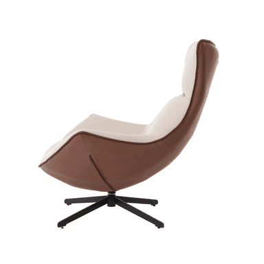 A modern armchair with a high back and curved design. The armchair features a swivel base and is upholstered in two different materials and colors. The seat and backrest are a light cream color, while the lower exterior shell is a contrasting brown. — 3D model