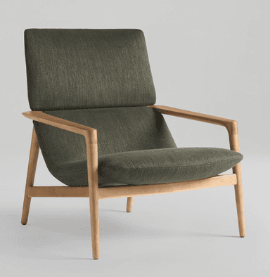 A modern lounge chair featuring a light-toned wooden frame and dark olive green fabric upholstery. The design emphasizes clean lines and comfort. — 3D model