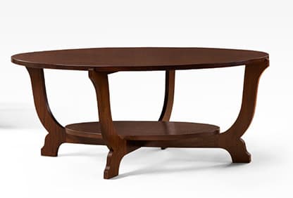 An oval-shaped coffee table crafted from dark-stained wood, featuring a main tabletop and a smaller, integrated lower shelf. The table is supported by four substantial, curved legs that connect both shelves. — 3D model