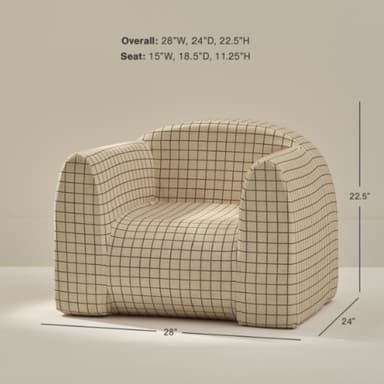 A contemporary upholstered accent chair featuring a rounded, barrel-like form with a continuous back and integrated armrests. The chair is covered in a light beige or off-white fabric with a distinct dark grid or plaid pattern. It has a low-profile design and rests directly on its base. — 3D model