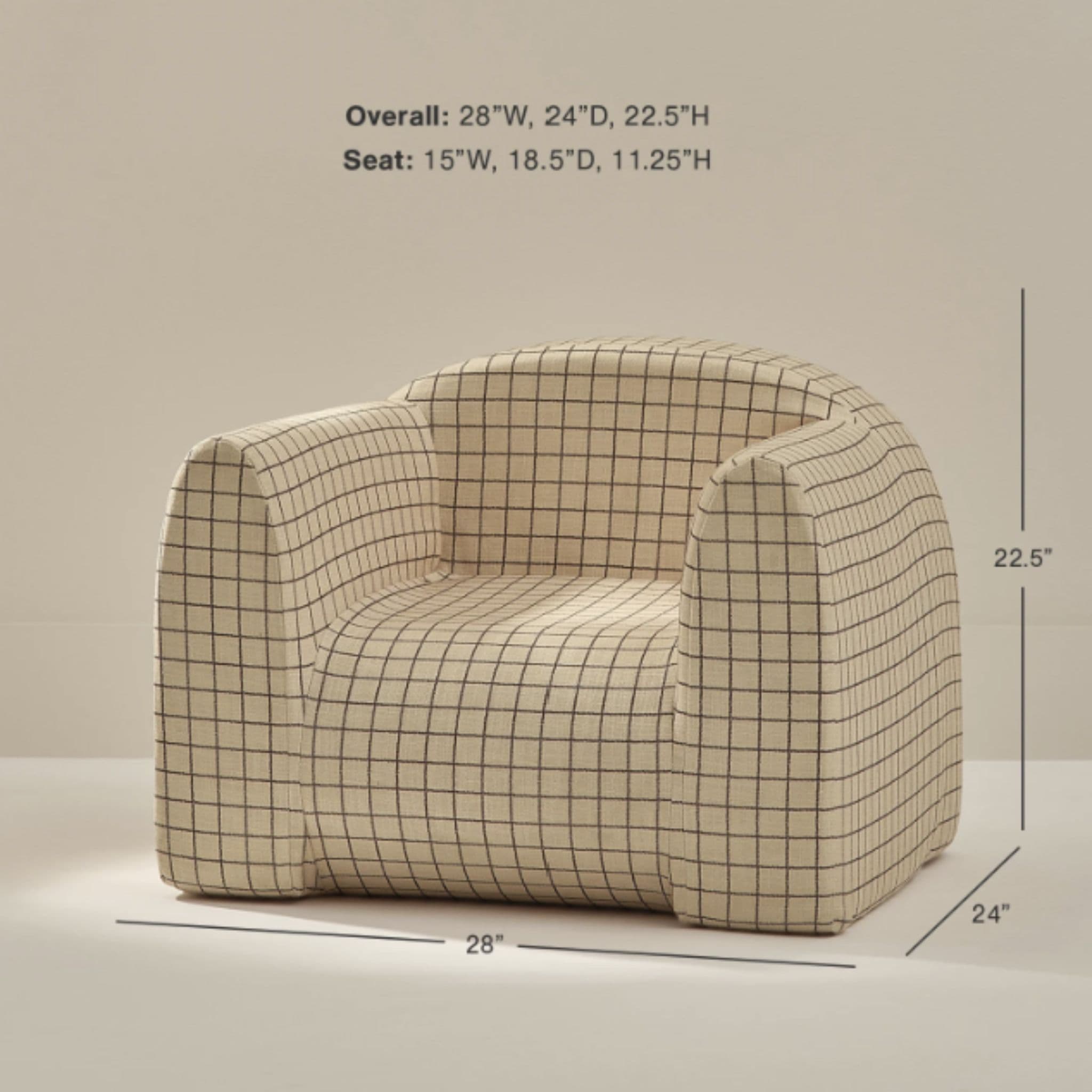 A contemporary upholstered accent chair featuring a rounded, barrel-like form with a continuous back and integrated armrests. The chair is covered in a light beige or off-white fabric with a distinct dark grid or plaid pattern. It has a low-profile design and rests directly on its base. — 3D model