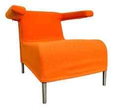 A modern armchair with an asymmetric design. It features a curved seat and back, with one armrest extending outwards and upwards from the main body, while the other side is open. The chair is supported by four slender, cylindrical metal legs. — 3D model