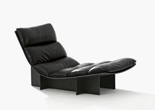 A modern chaise lounge featuring multiple sections of plush, black leather cushioning atop a minimalist, dark-toned wooden base. — 3D model