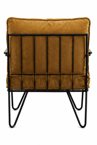 A contemporary armchair with a thin, black metal frame and arms topped with polished wood. The chair features plush cushions for the seat and back, upholstered in a textured, golden-brown fabric. The backrest is supported by a series of thin, vertical metal rods. — 3D model