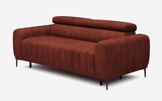 A modern, upholstered sofa with a channel-tufted design on the seat, backrest, and arms. It features a distinct rolled headrest that spans the width of the sofa and is supported by thin, black metal legs. — 3D model