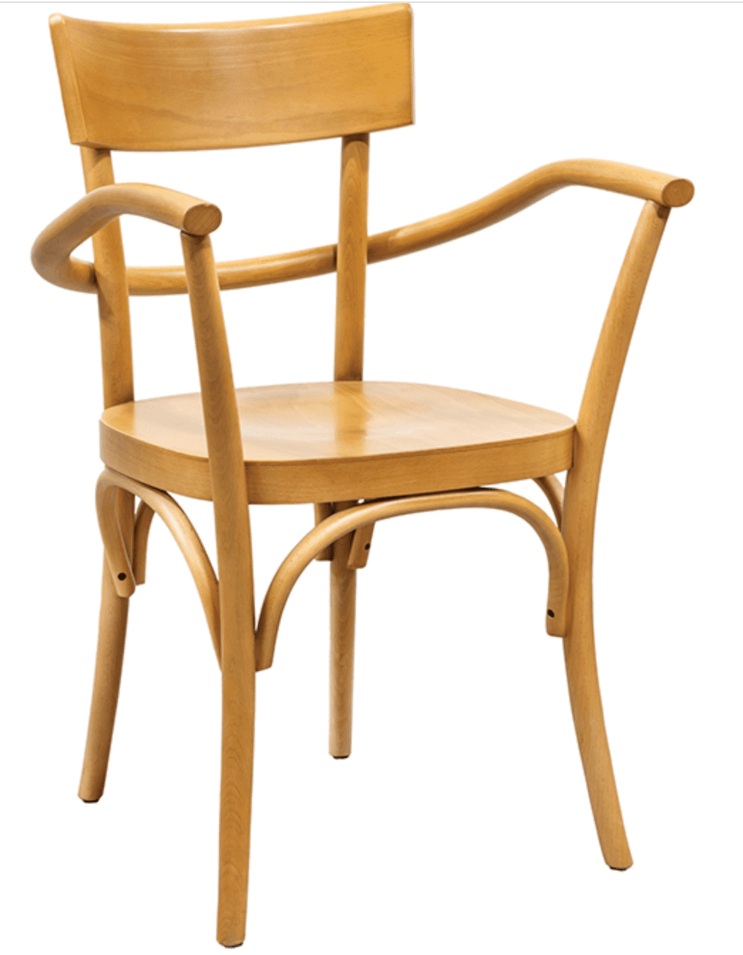 A wooden armchair with a bentwood construction. The chair features a curved backrest, a rounded seat, and elegantly curved armrests supported by vertical posts. The legs are also curved, giving the chair a classic yet modern aesthetic. The construction appears to utilize steam-bent wood techniques, common in Thonet chairs. — 3D model