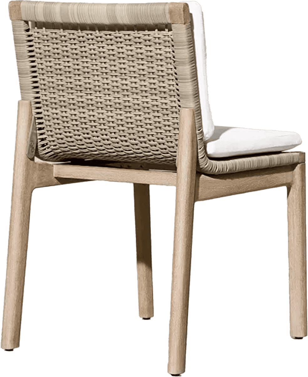 A contemporary dining armchair featuring a light-toned wooden frame, a seat and backrest crafted from tightly woven beige rope, and removable white fabric cushions. — 3D model